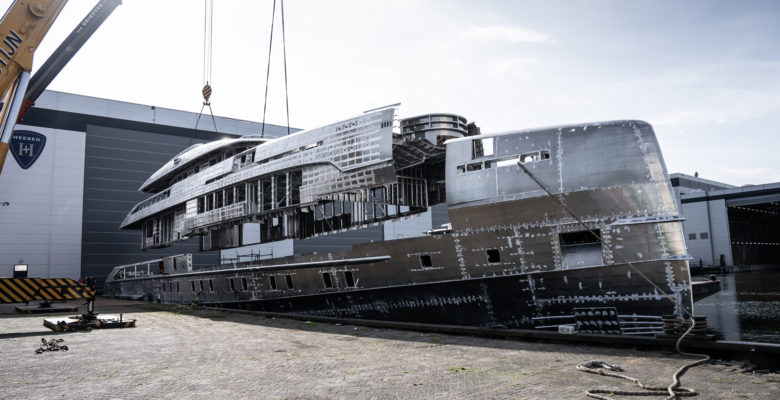 the Heesen yacht Project Orion hull and superstructure joining