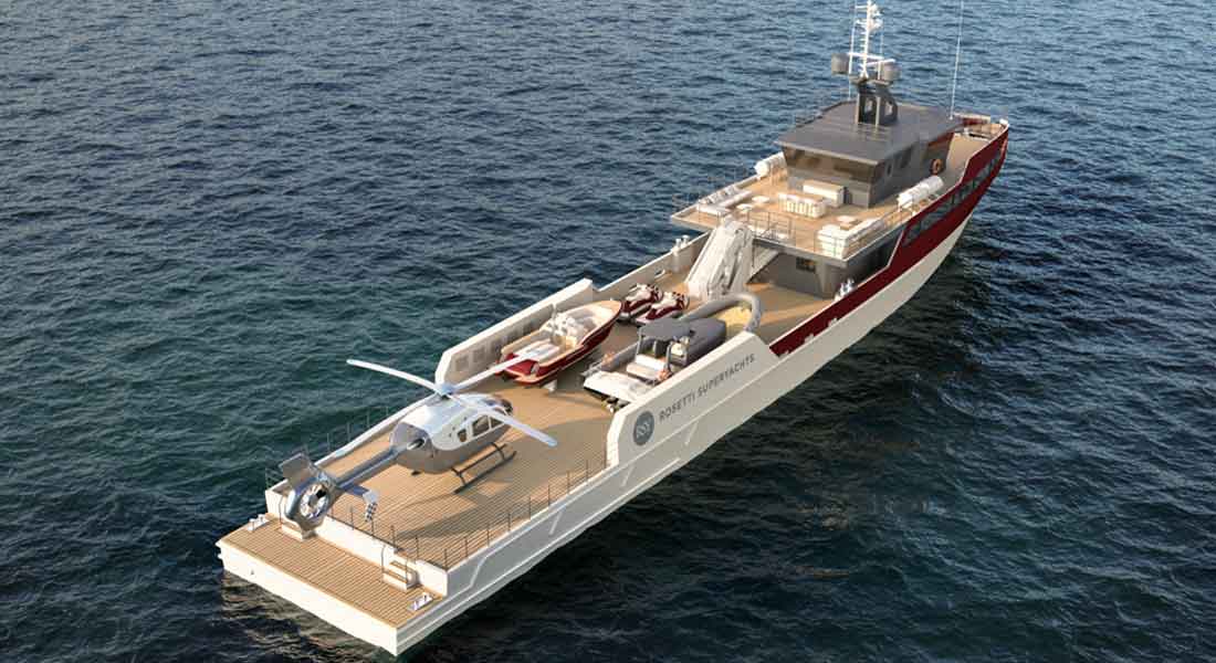 the Rosetti 55-Meter Support Vessel is a rugged megayacht